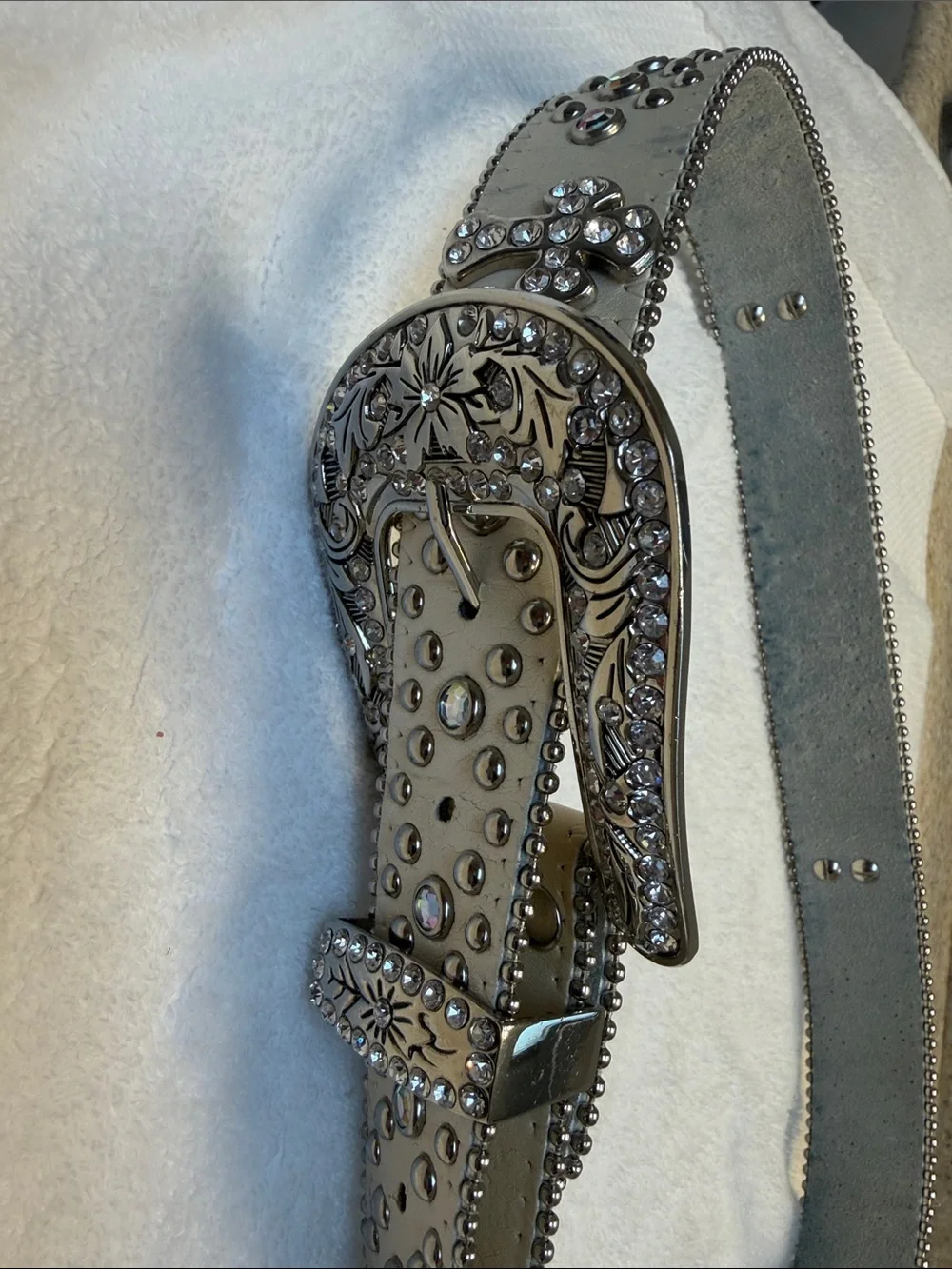Embellished Silver Rhinestone Western Buckle Belt - Women